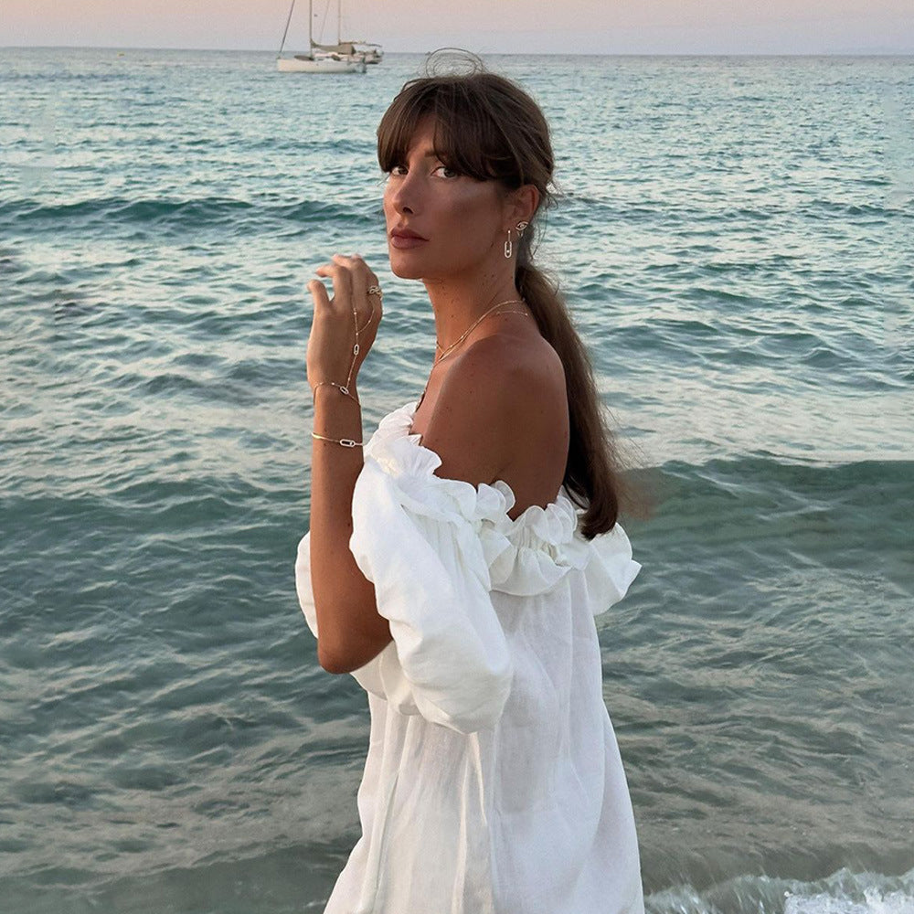 Women Off Shoulder Sexy Puff Sleeves Solid Lace Holidays Beach Dress 4