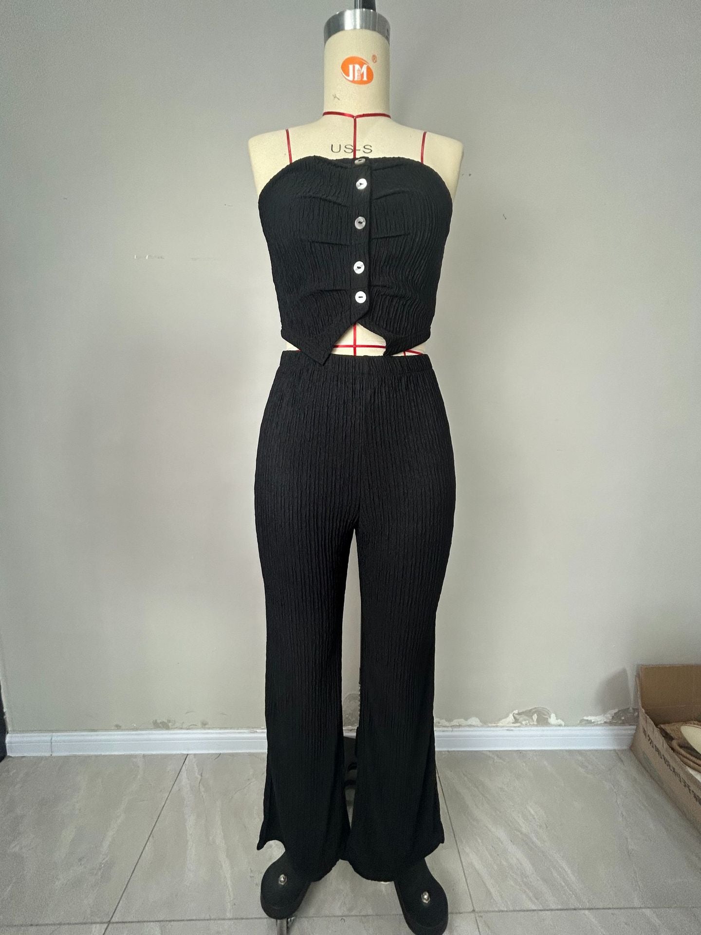 Elastic Button Strapless Top Bell Bottom Casual Pants Summer Two-Piece Set Women's Clothing 9