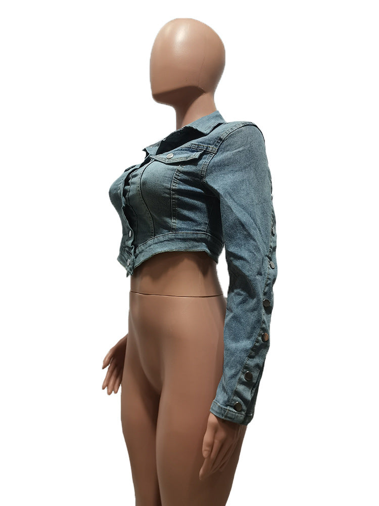 Women Washed Button Zipper Straps Irregular Top and Slit Cargo Denim Skirt Two-piece Set 19