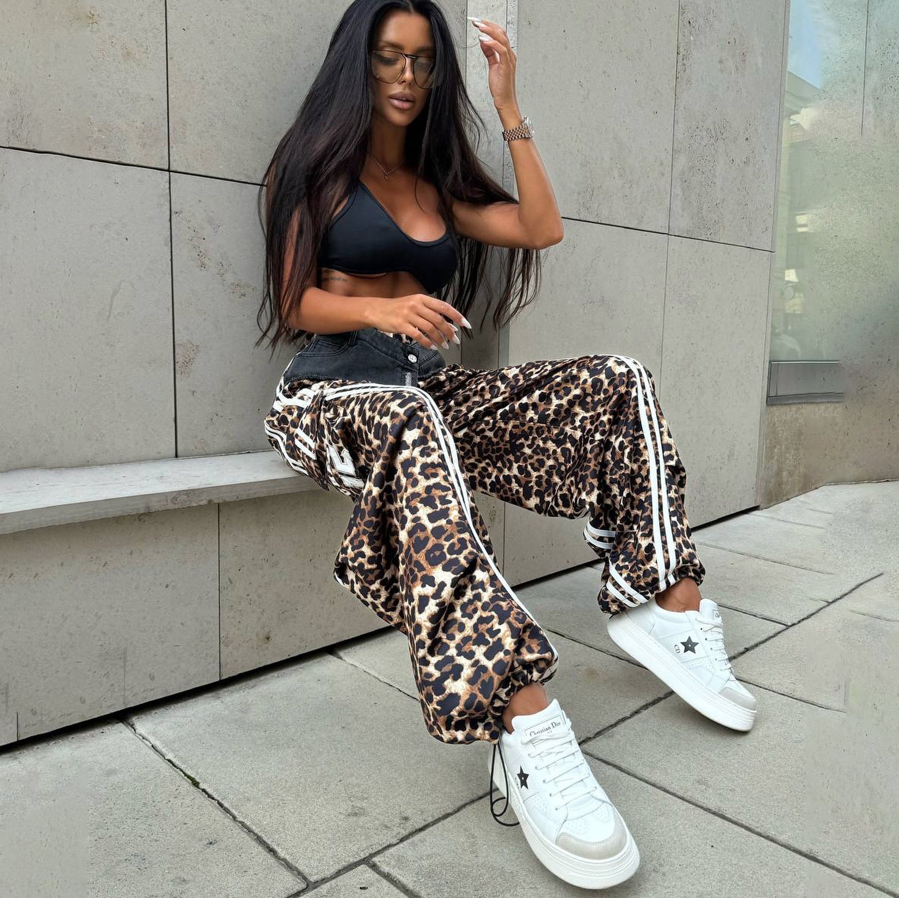 Autumn Sports Leopard Print Patchwork Casual Pants Women's Mid-Waist Loose Trousers