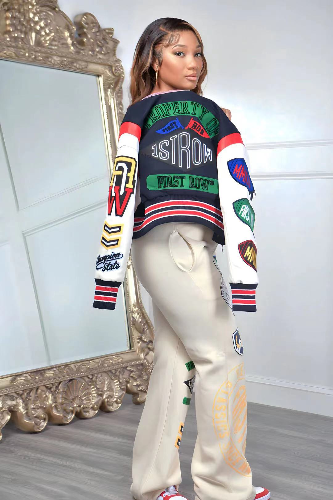Women Long Sleeve Printed Ribbed Patchwork Baseball Jacket 10