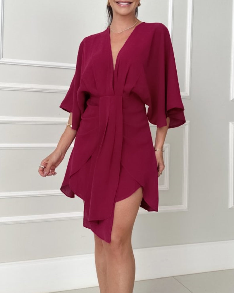 Women's solid color Bat Sleeves V-neck Slim Waist irregular dress 5