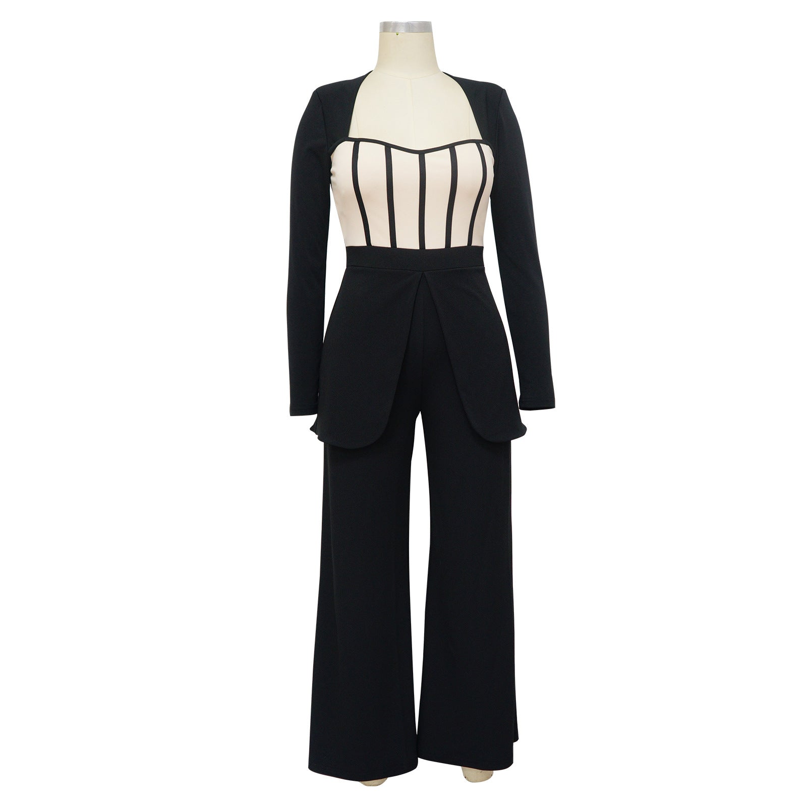 Women's Sexy Slim Waist Contrast Patchwork Long Sleeve Wide Leg Jumpsuit 14