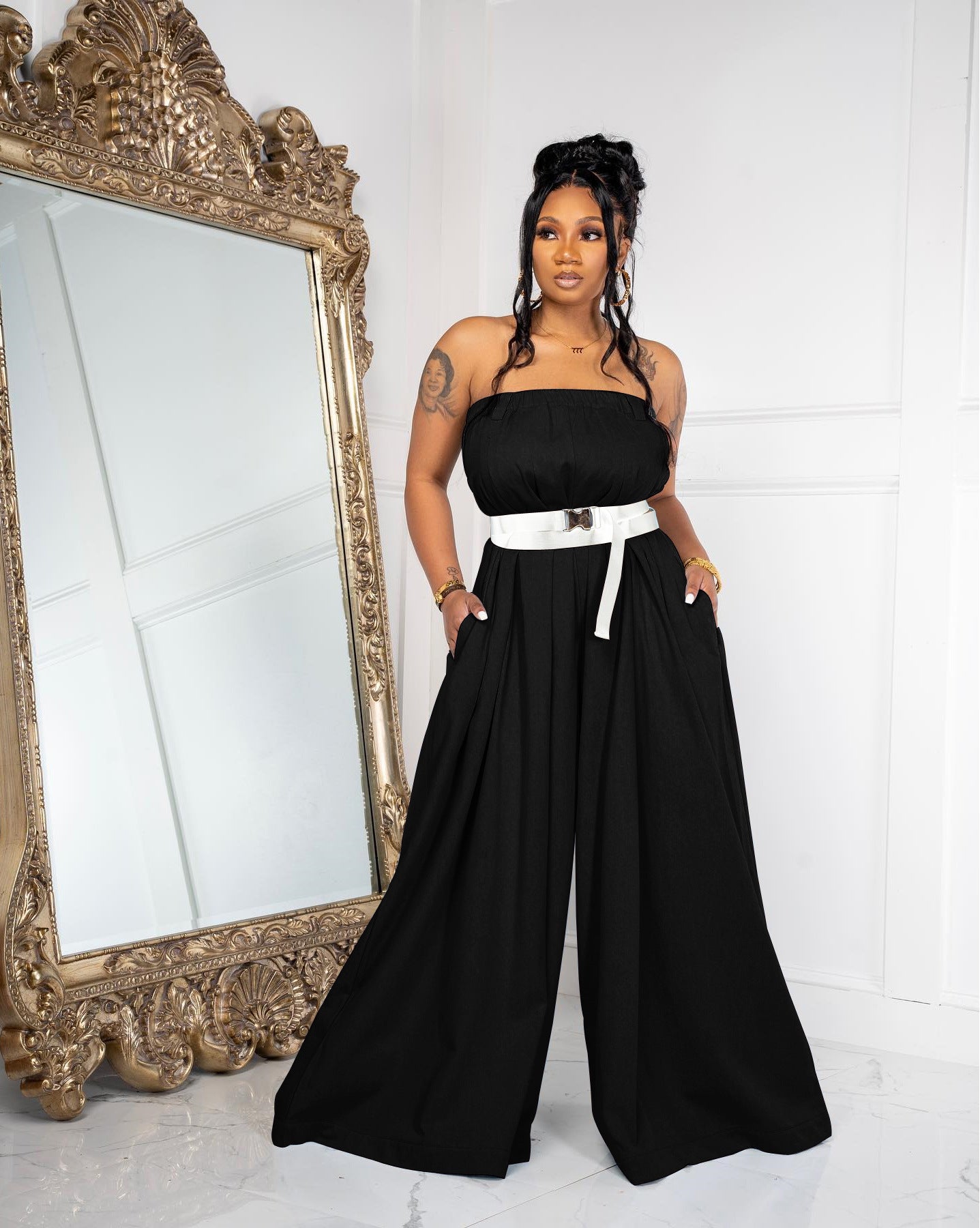 Fashion Long Strapless Wide Leg Pants Summer Jumpsuit With Belt 10