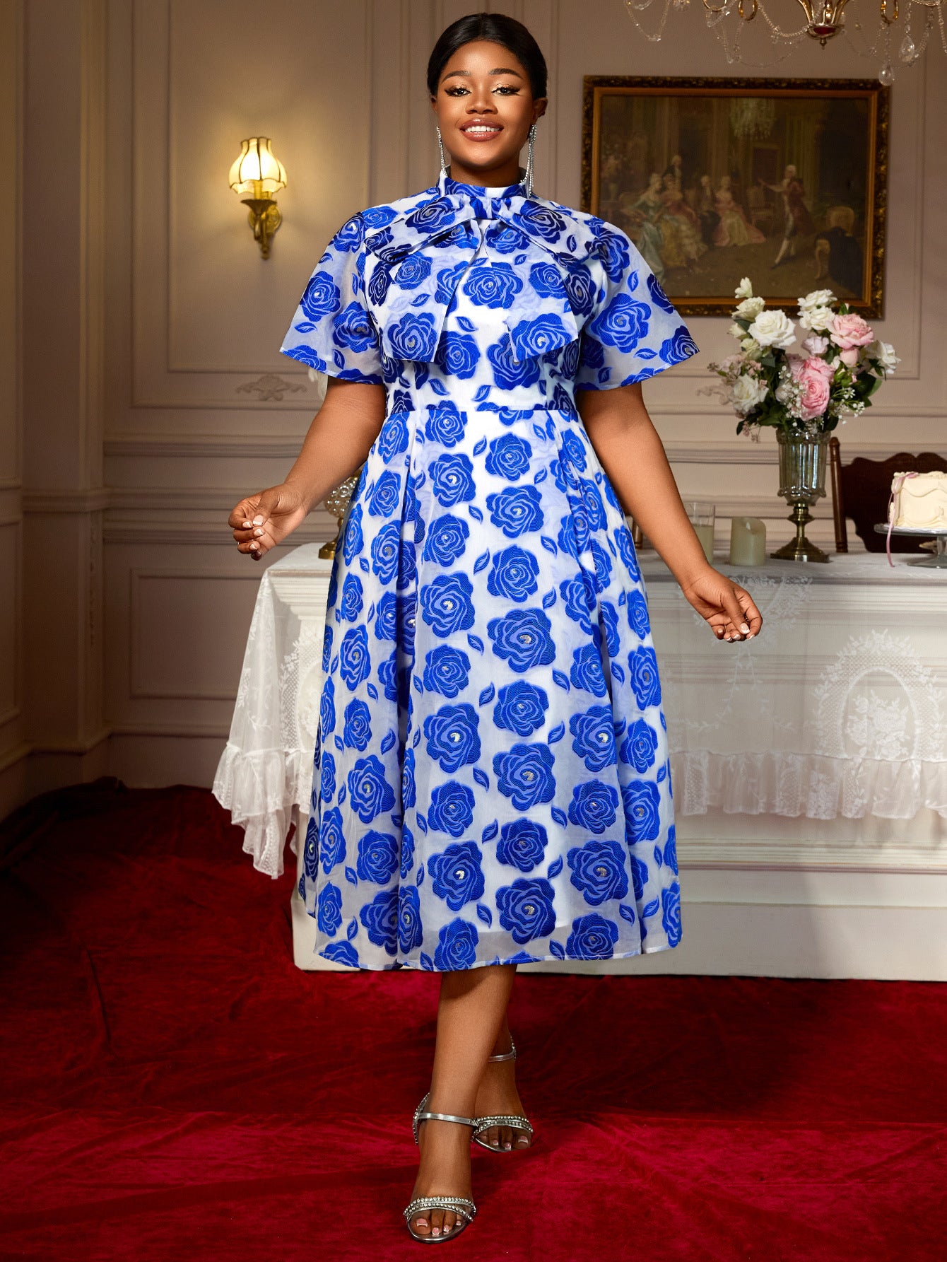 Semi-High Neck Lace-Up Bow Tie Collar A-Line Elegant Short Sleeve Party Dress 4