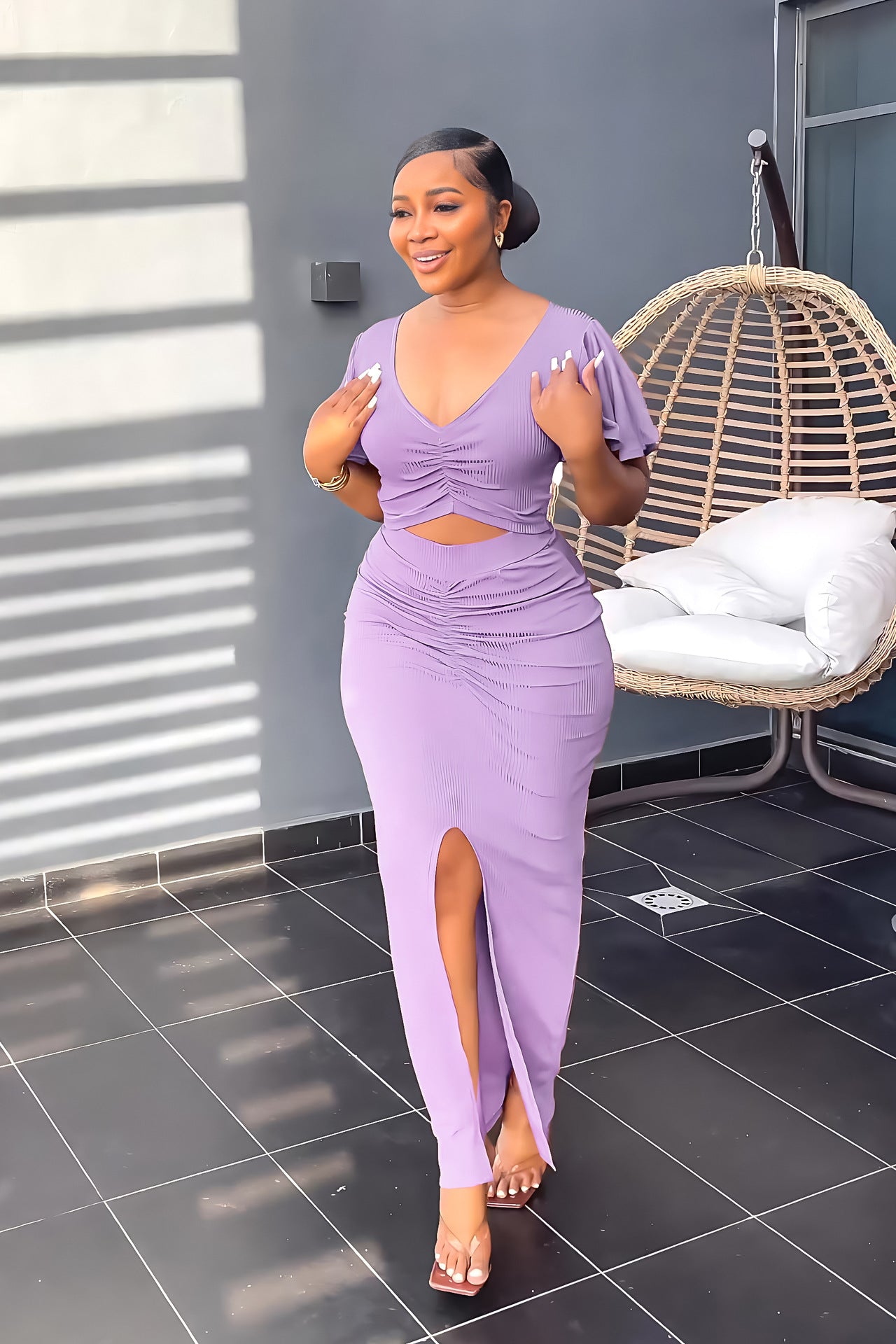 Women Ruffle Sleeve Crop V-Neck Top and Slit Bodycon Skirt Two-Piece Set 4