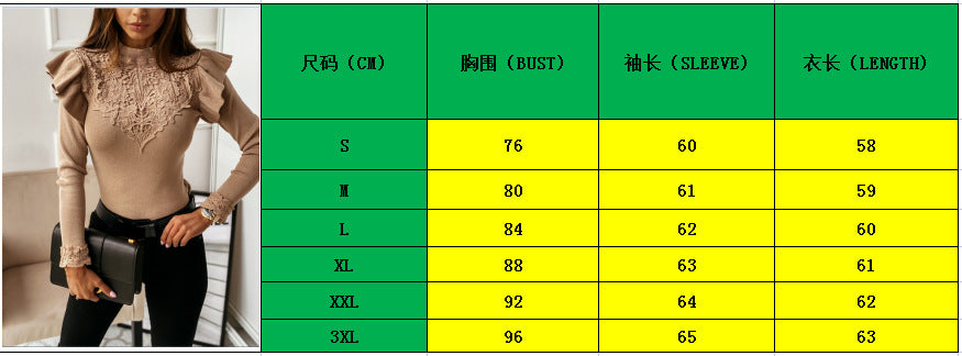 Women Long Sleeve Round Neck Lace Solid Top 12