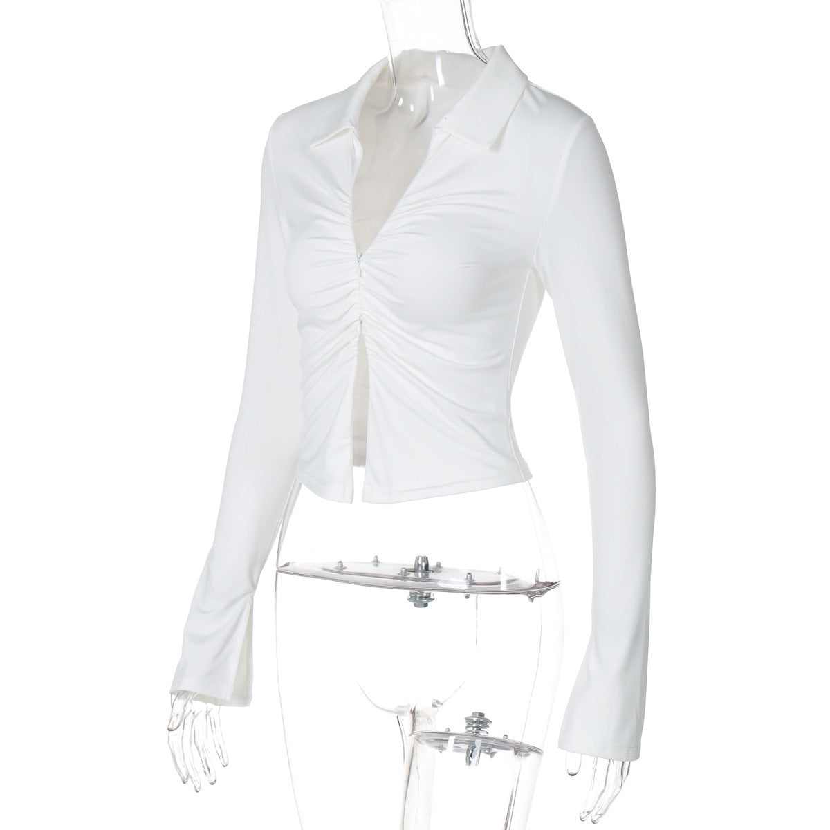 Women Fall Zipper Turndown Collar Long Sleeve Crop T-shirt 9