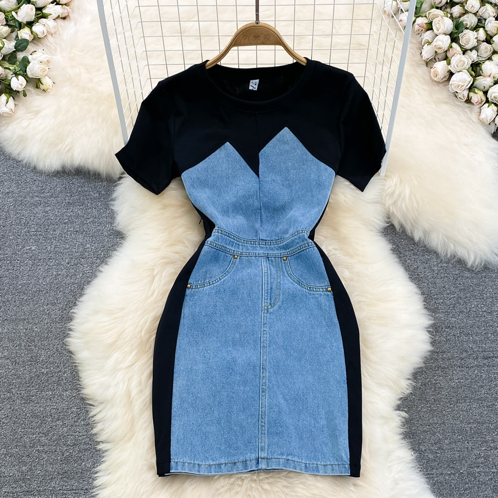 Women Round Neck Short Sleeve Denim Bodycon Dress 7