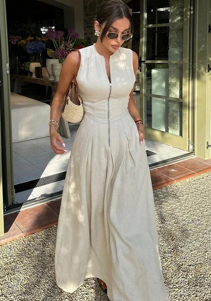 High-Waist Solid Color Sleeveless Zip-Up Dress Elegant Career-Chic Gown