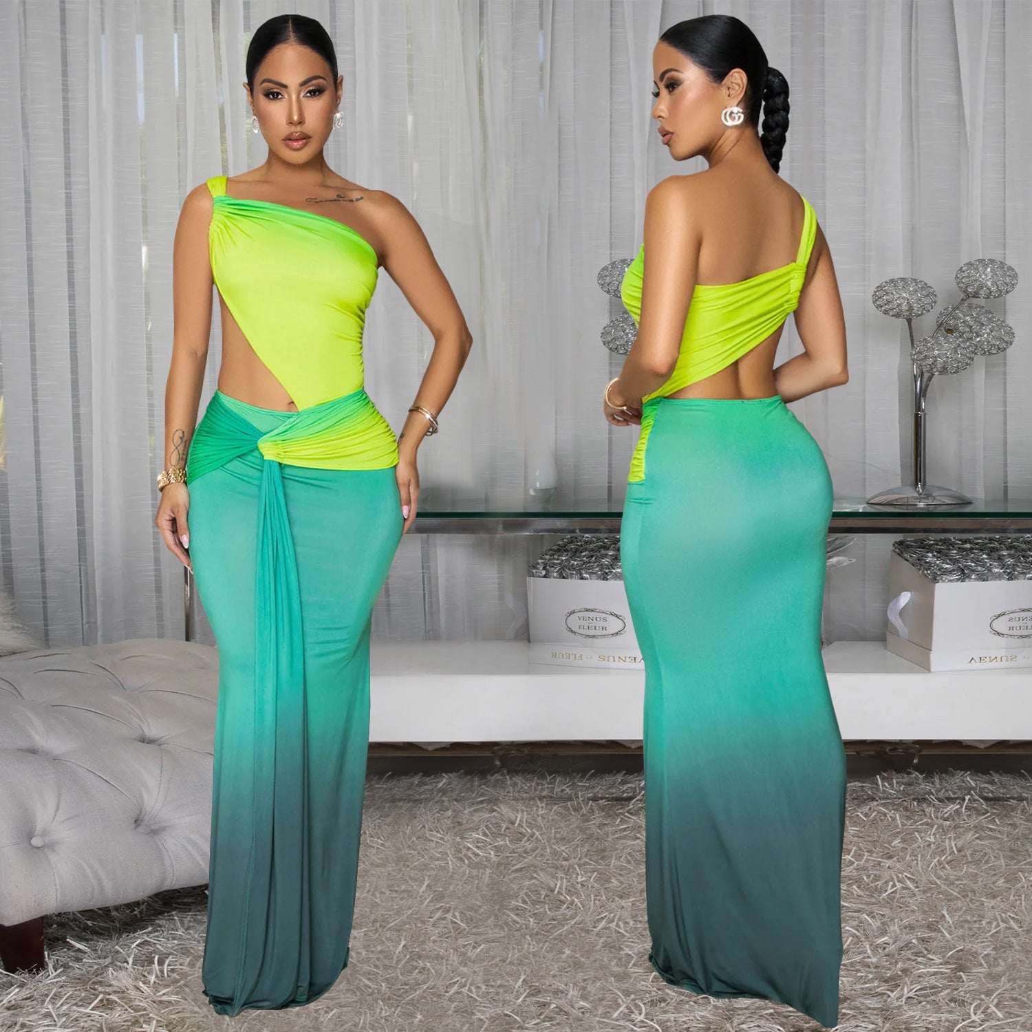 Fashion Women's Summer Sexy Slash Shoulder Bodycon Gradient Dress