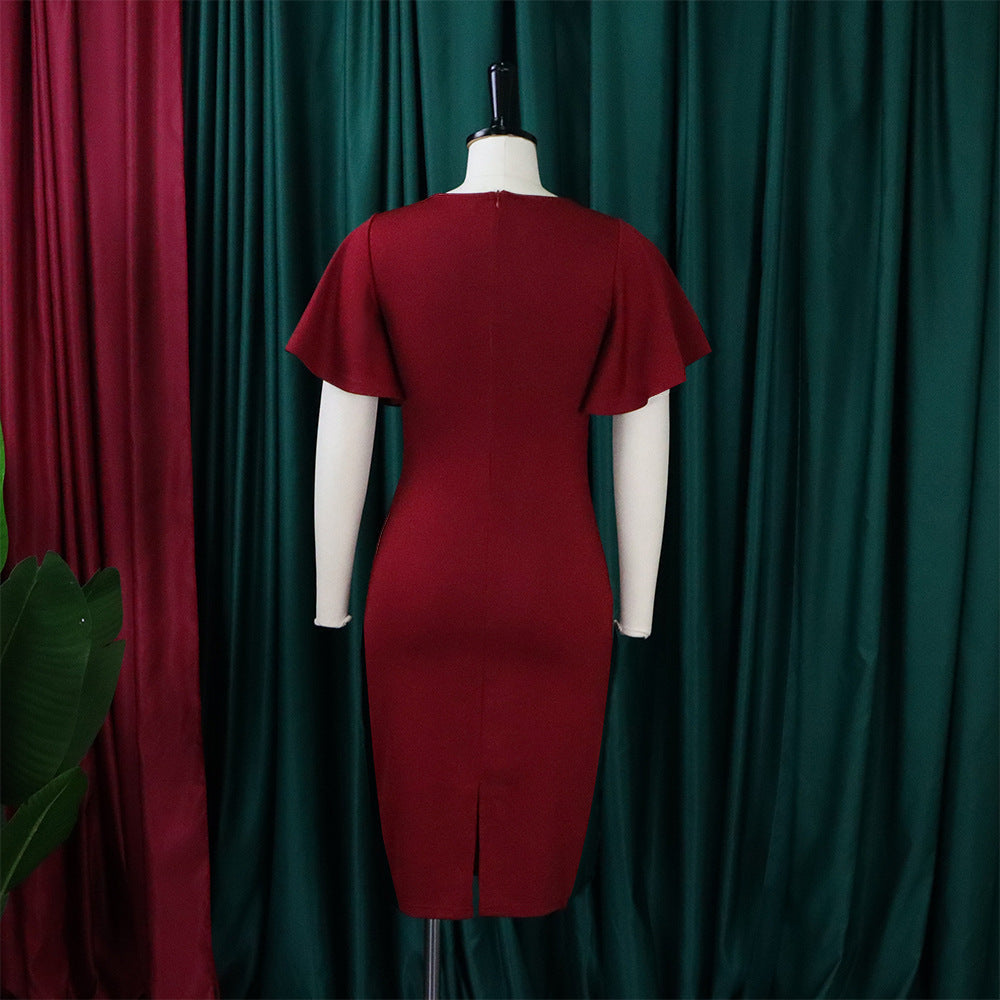 Women's Summer Solid Color High Waist Chic Career Ruffle Sleeve Office Dress 16