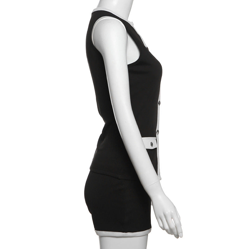 Spring Chic Sexy Women's Contrast Color Sleeveless Button Top Slim Shorts Set 10