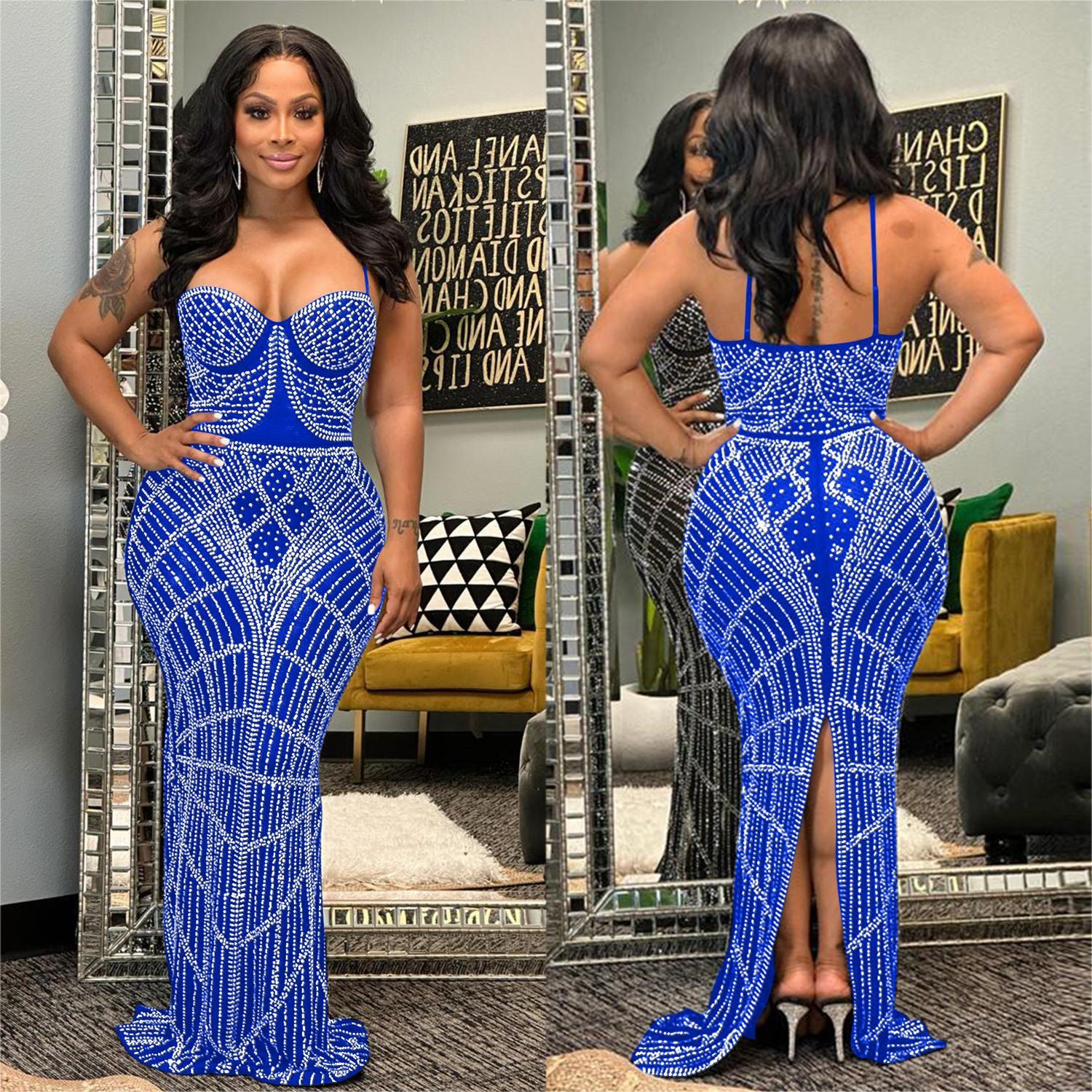 Women Solid Beaded Mesh Sleeveless Maxi Dress 6