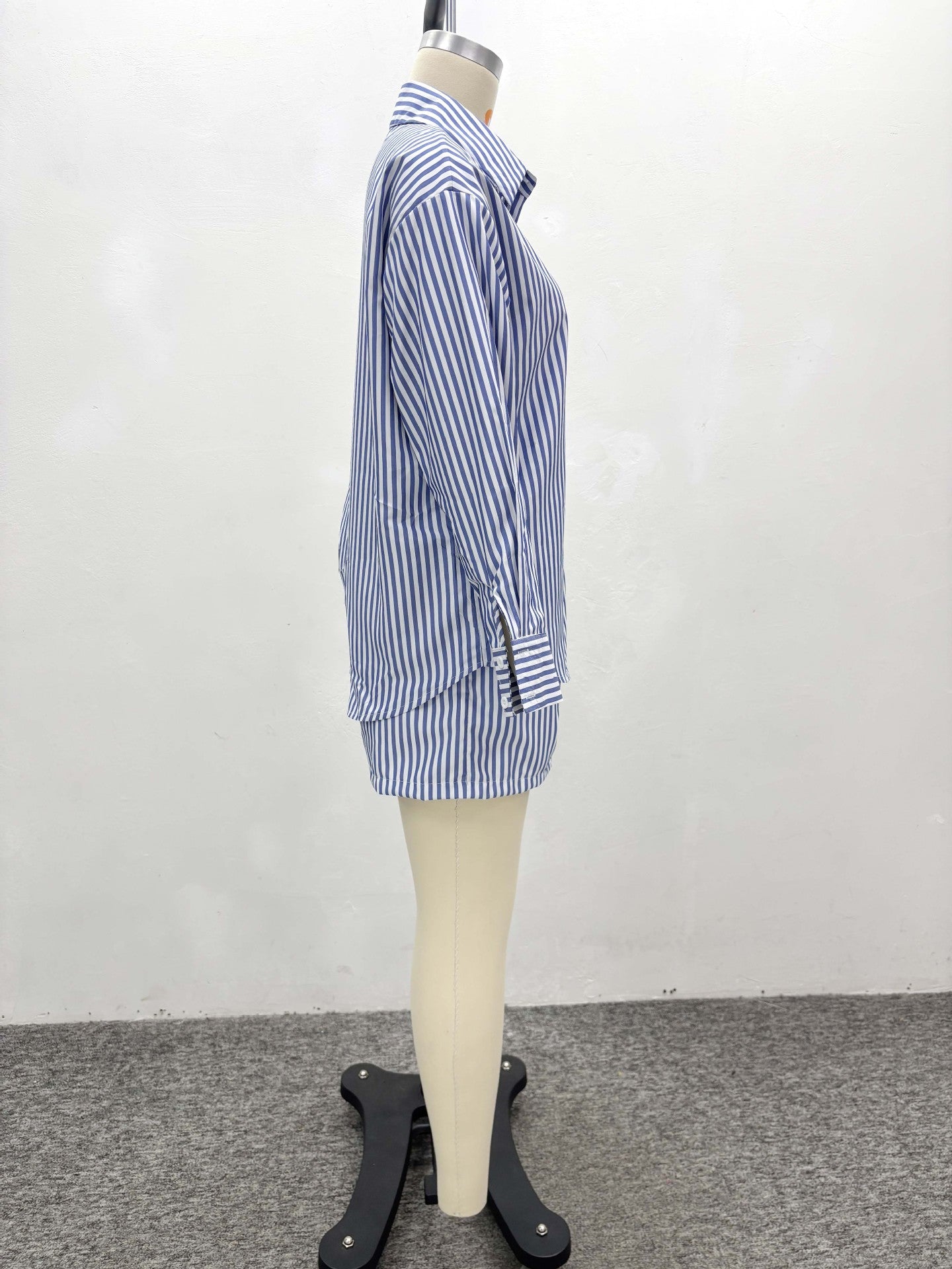 Women African Long-Sleeved Casual Striped Cardigan Shirt and Shorts Two-Piece Set 7