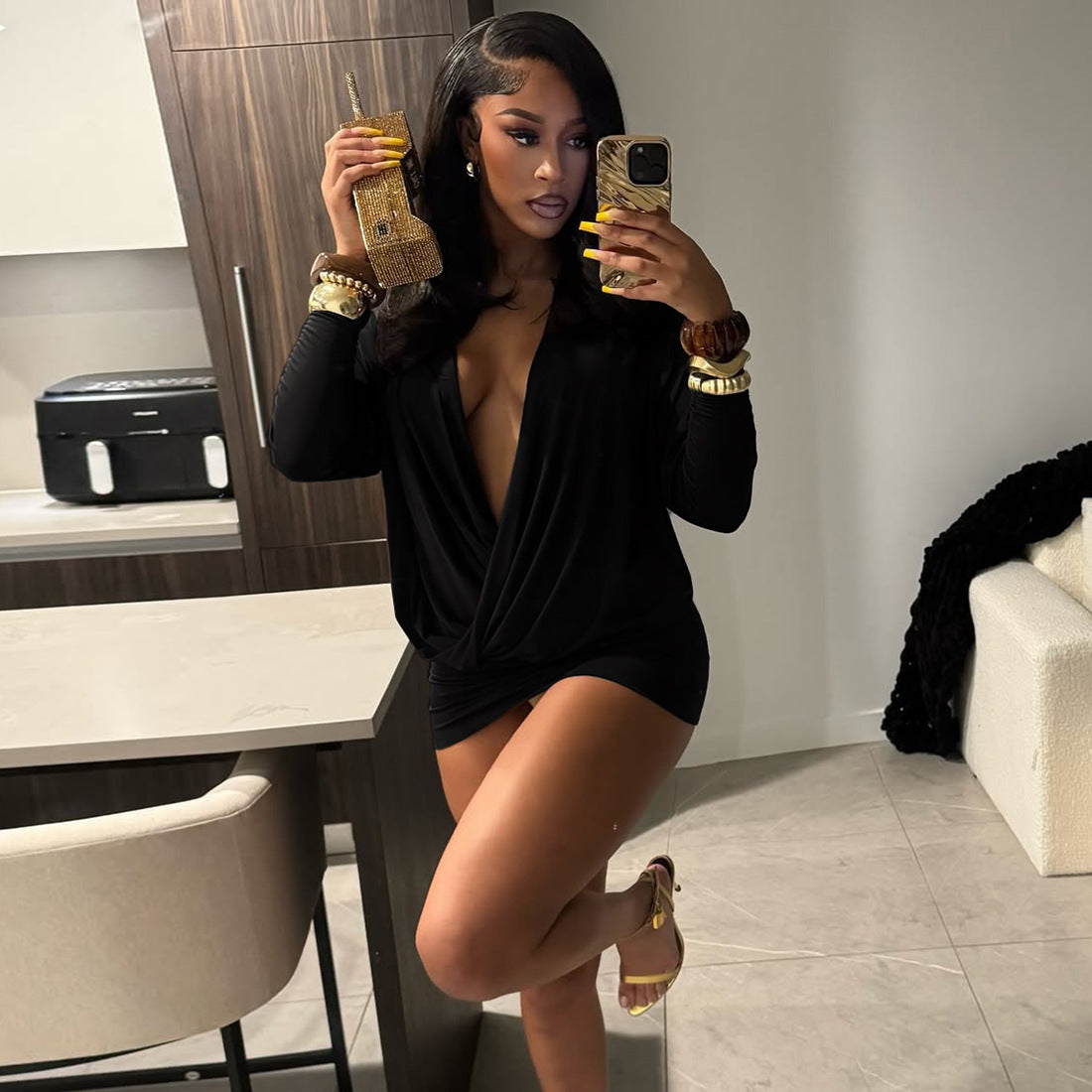 Autumn Outfit Sexy Fashion Deep V-Neck Long Sleeve Bodycon Dress 17