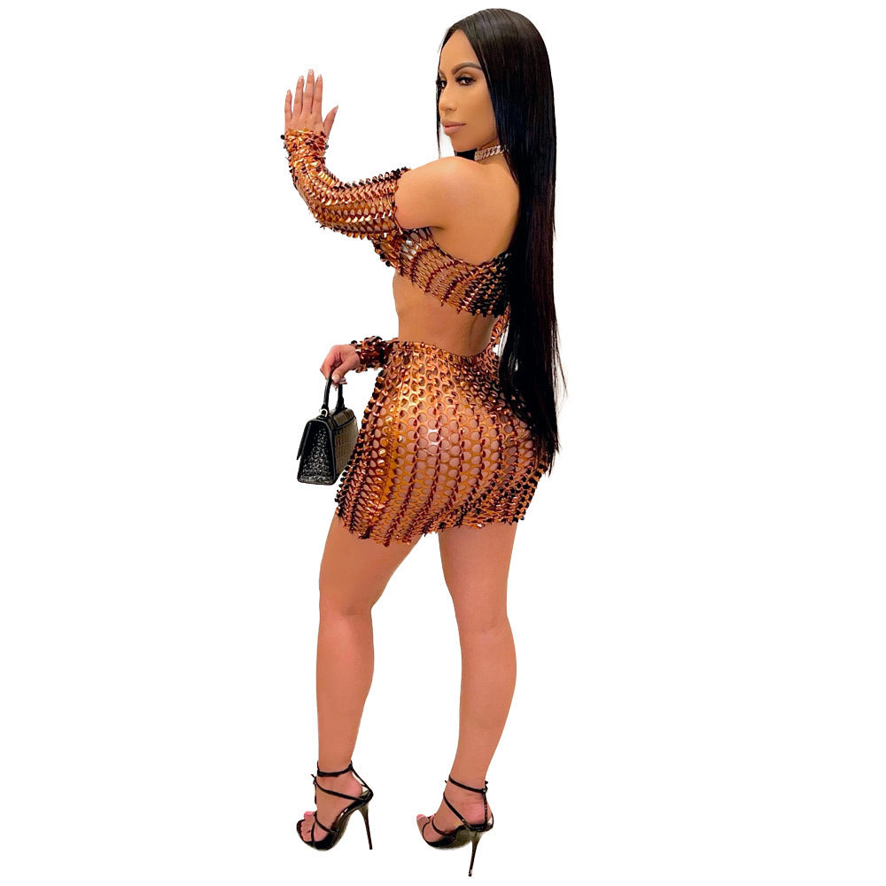 Women Sexy Mesh Hollow Hollow Long Sleeve Crop Top + Skirt Two Piece Set 10