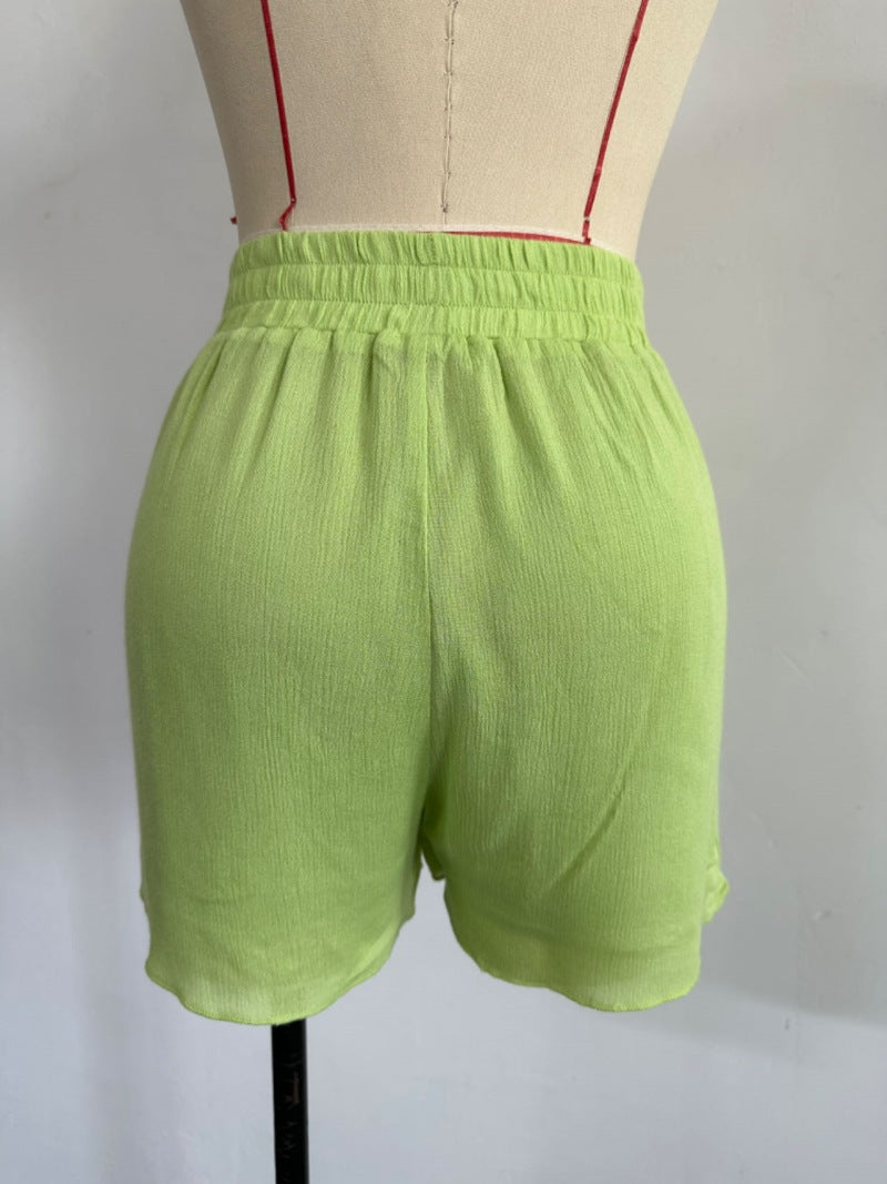 Women Solid Loose Turndown Collar Shirt and Wide Leg Shorts Casual Two-Piece Set 9