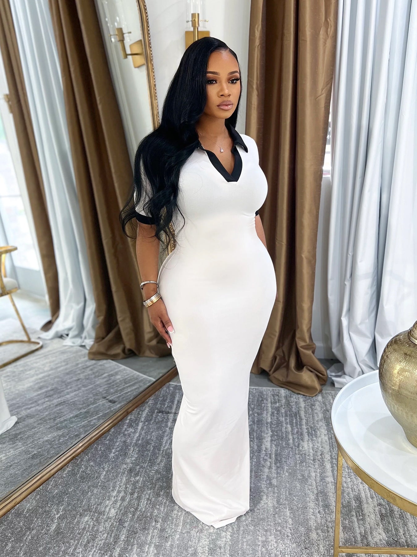 Female Turndown Collar Short Sleeve Slim Fit Long Dress 5