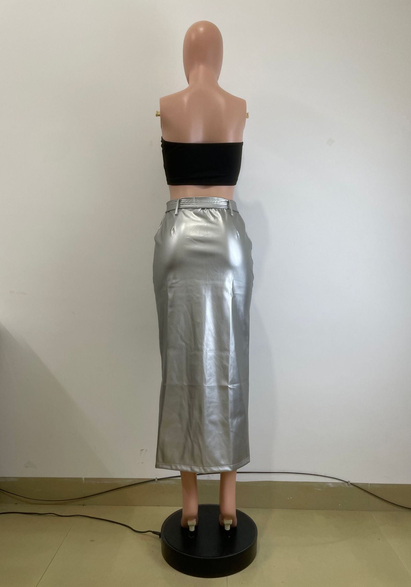 Autumn And Winter Mid-Length Black Pu Buckle Slit  Casual Leather Skirt With Belt 17