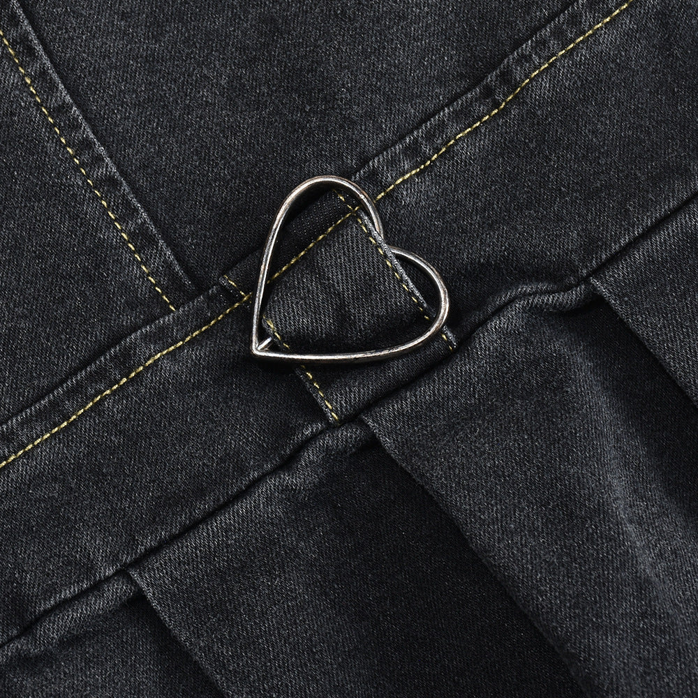 Women Stretch Denim French Pleated V-Neck Denim Dress 21