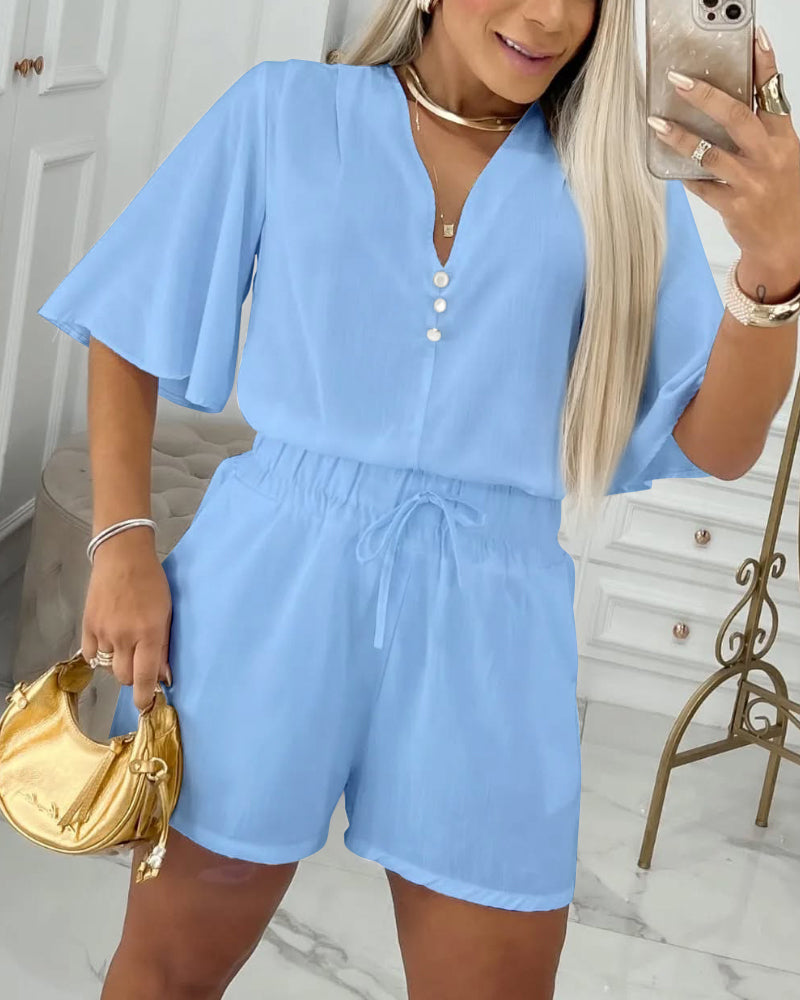 Women V-Neck Bell Bottom Sleeve Casual Top + Shorts Two-Piece Set 3