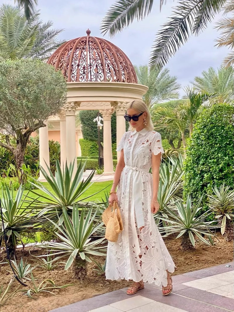 Spring/Summer Short Sleeve Single-Breasted Lace Floral Mid-Length Dress 4