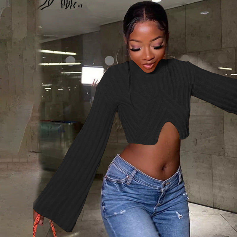 Autumn And Winter Sweater Solid Color Women Casual Long Sleeve Round Neck Classic Tight Fitting Irregular Crop Mid-Waist Women's Clothing 4