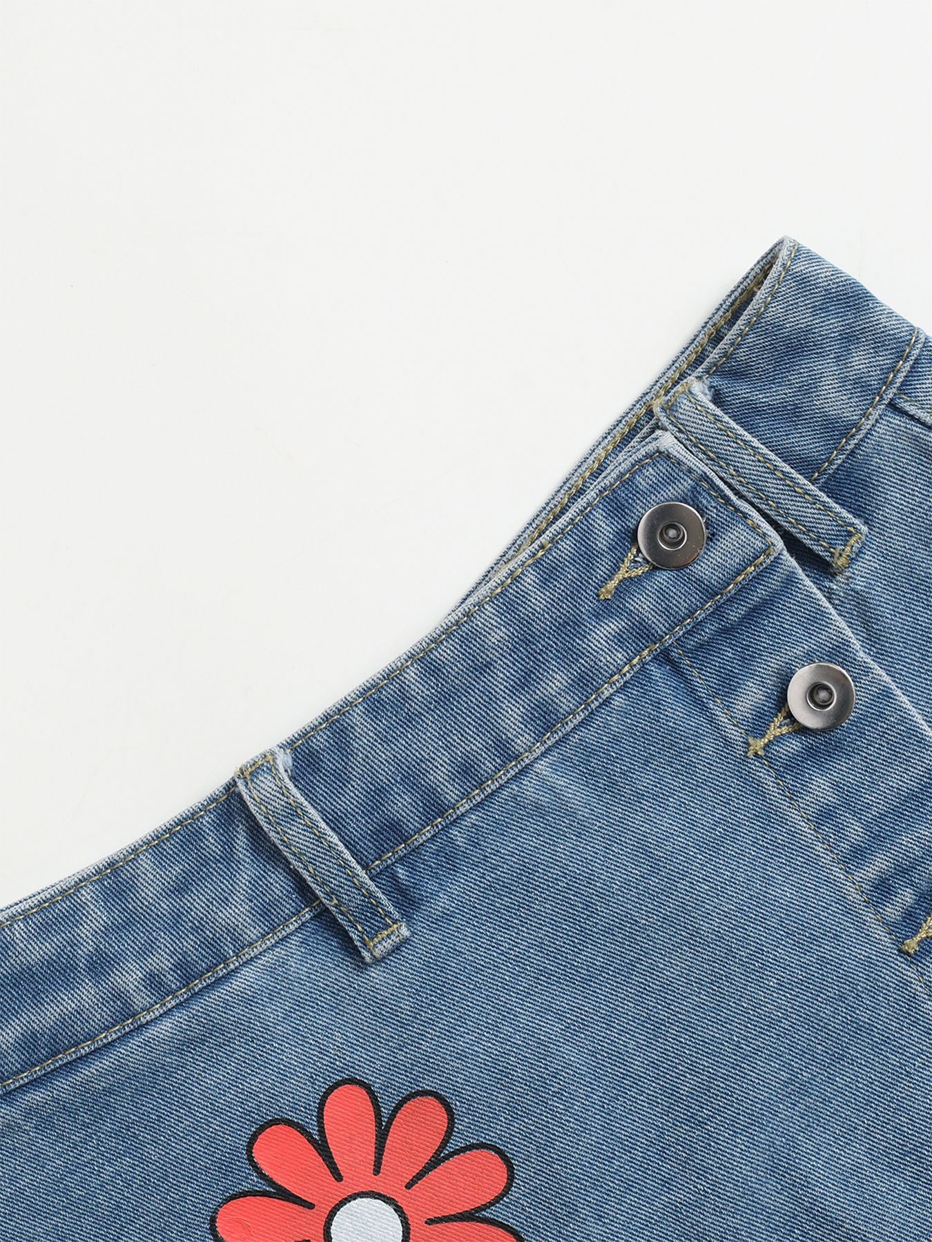 Women Multi-Color Floral Print Asymmetric Denim Skirt 4