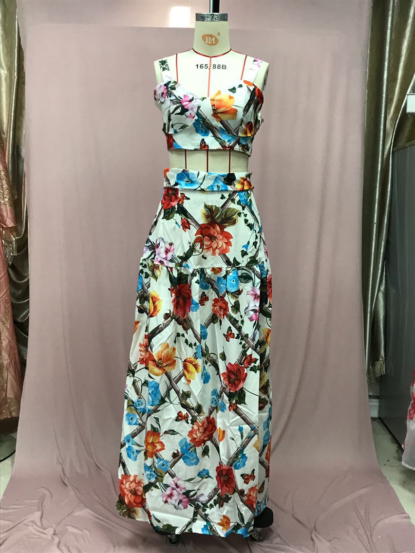 Women Sexy Chic Suspender Printed Top And Beach Skirt Two-Piece 12