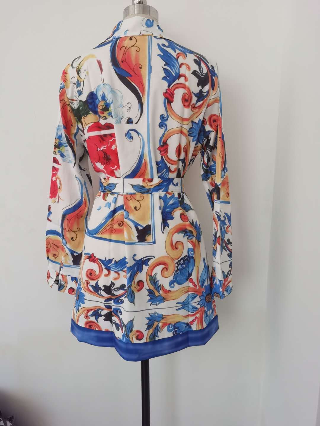 Spring Summer Bohemian Positioning Print Tie Long Sleeve Shirt Dress 14