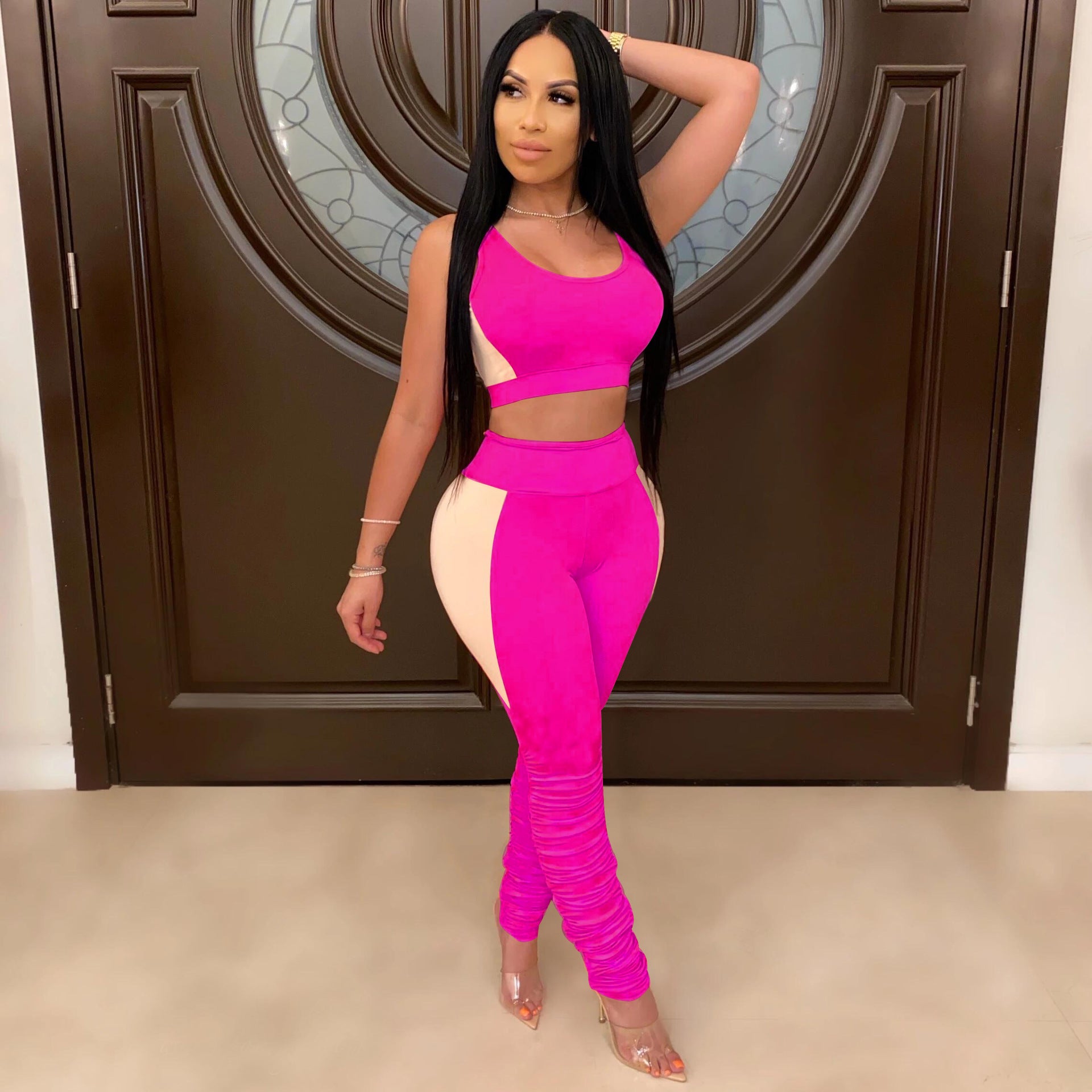 Women Sexy Solid Patchwork Gathered Sports Top and Pant Two-piece Set 12