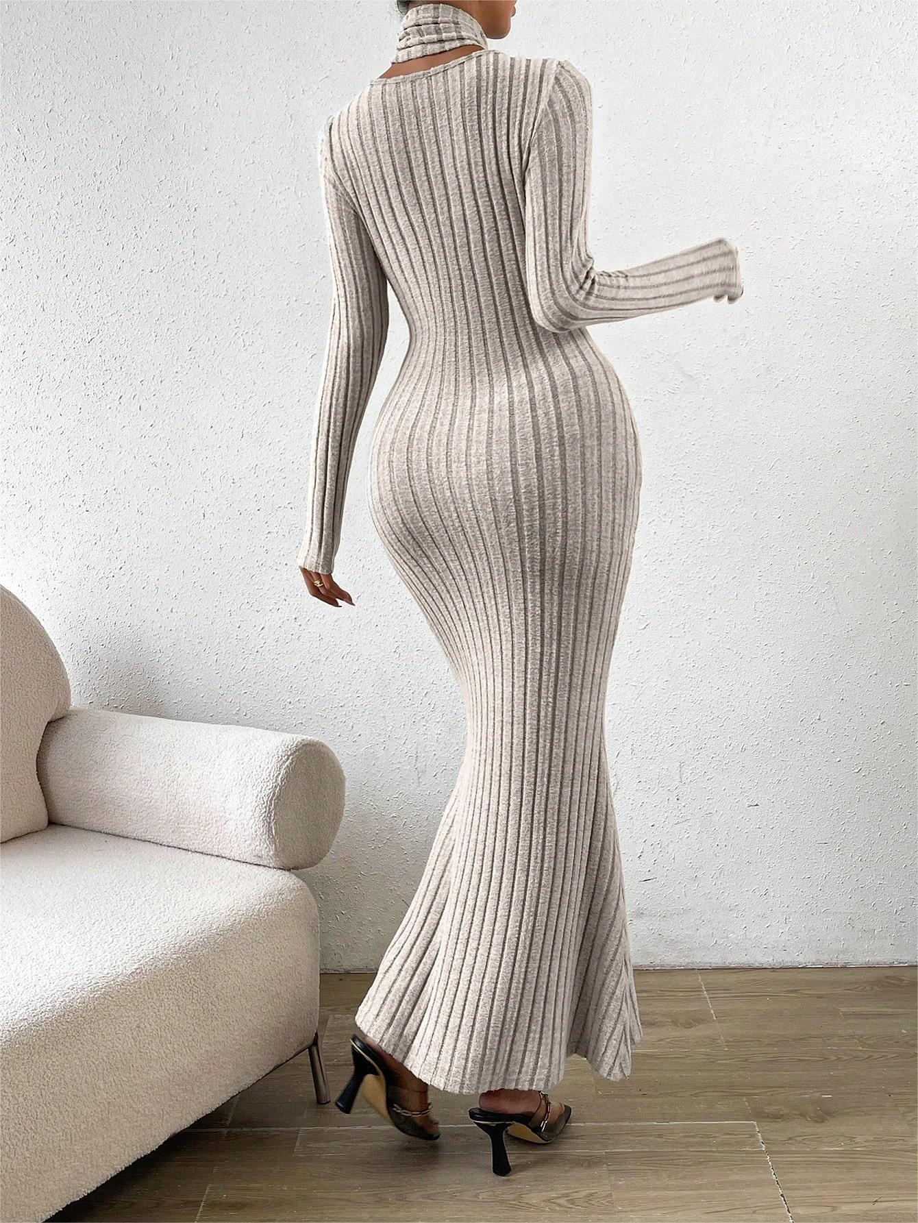 Elegant Solid Color Hollow Long Sleeve Fishtail Long Dress 6