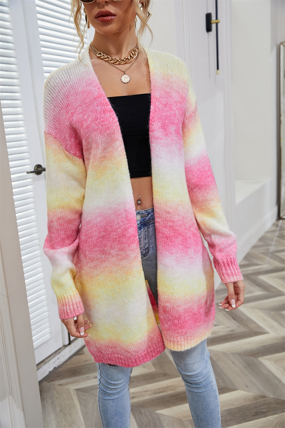 Winter Sweater Rainbow Tie Dye Plus Size Cardigan Women's Knitting Shirt Jacket 37
