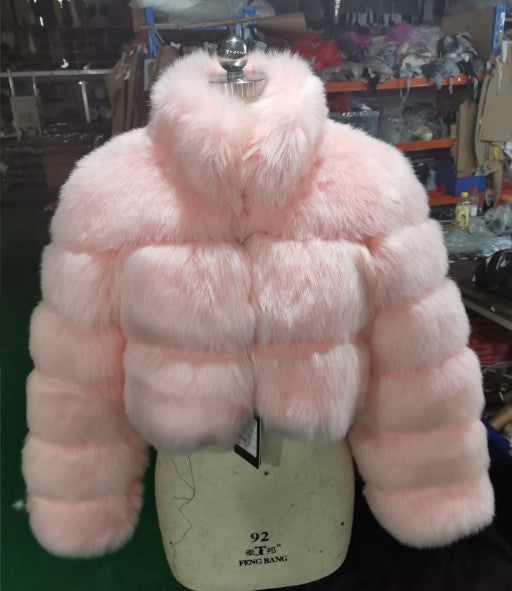 Cropped Coat Fashionable Faux Fur Coat Women Stand Collar Long Sleeves 3