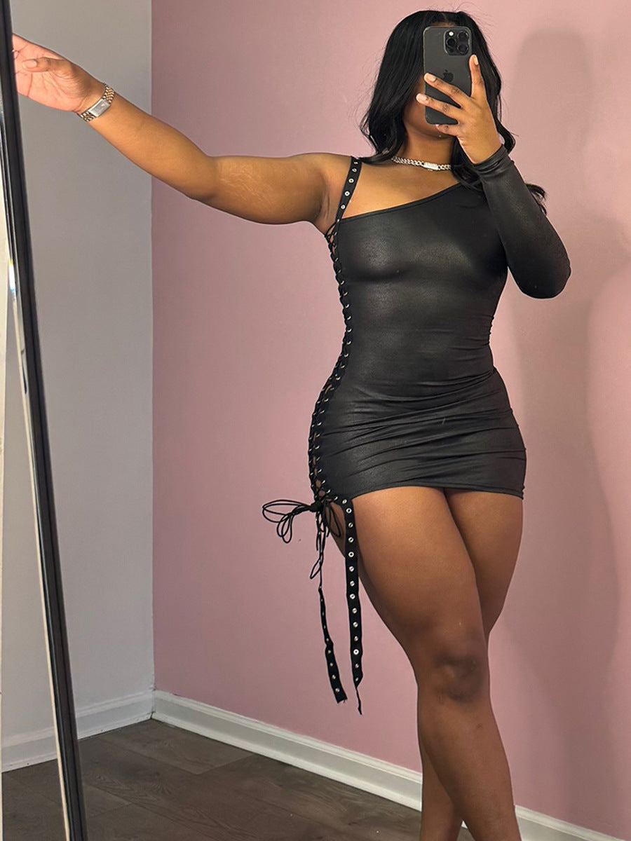 Slash Shoulder Hollow Lace Up Long Sleeve Bodycon Dress