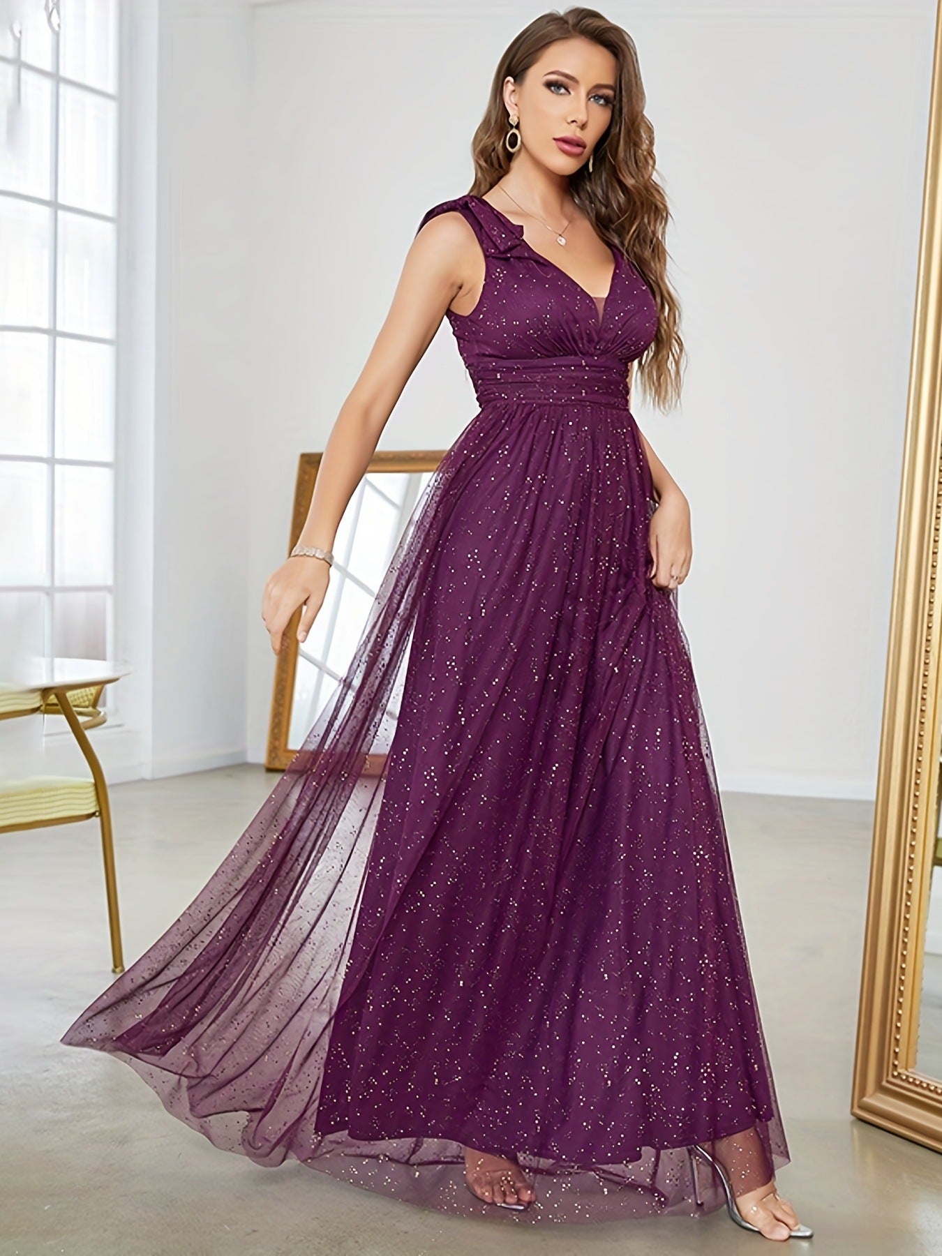 Women sequined bow elegant v-neck ball suspender evening dress（Processing time need 3-6 days） 9