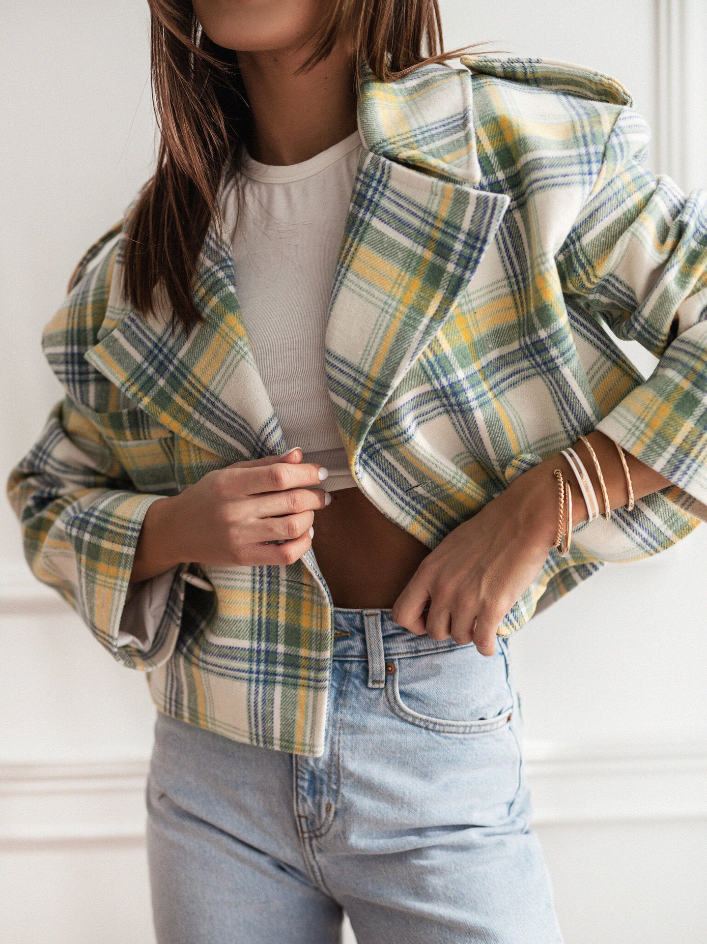 Women Fall/Winter Turndown Collar Plaid Print Jacket 4