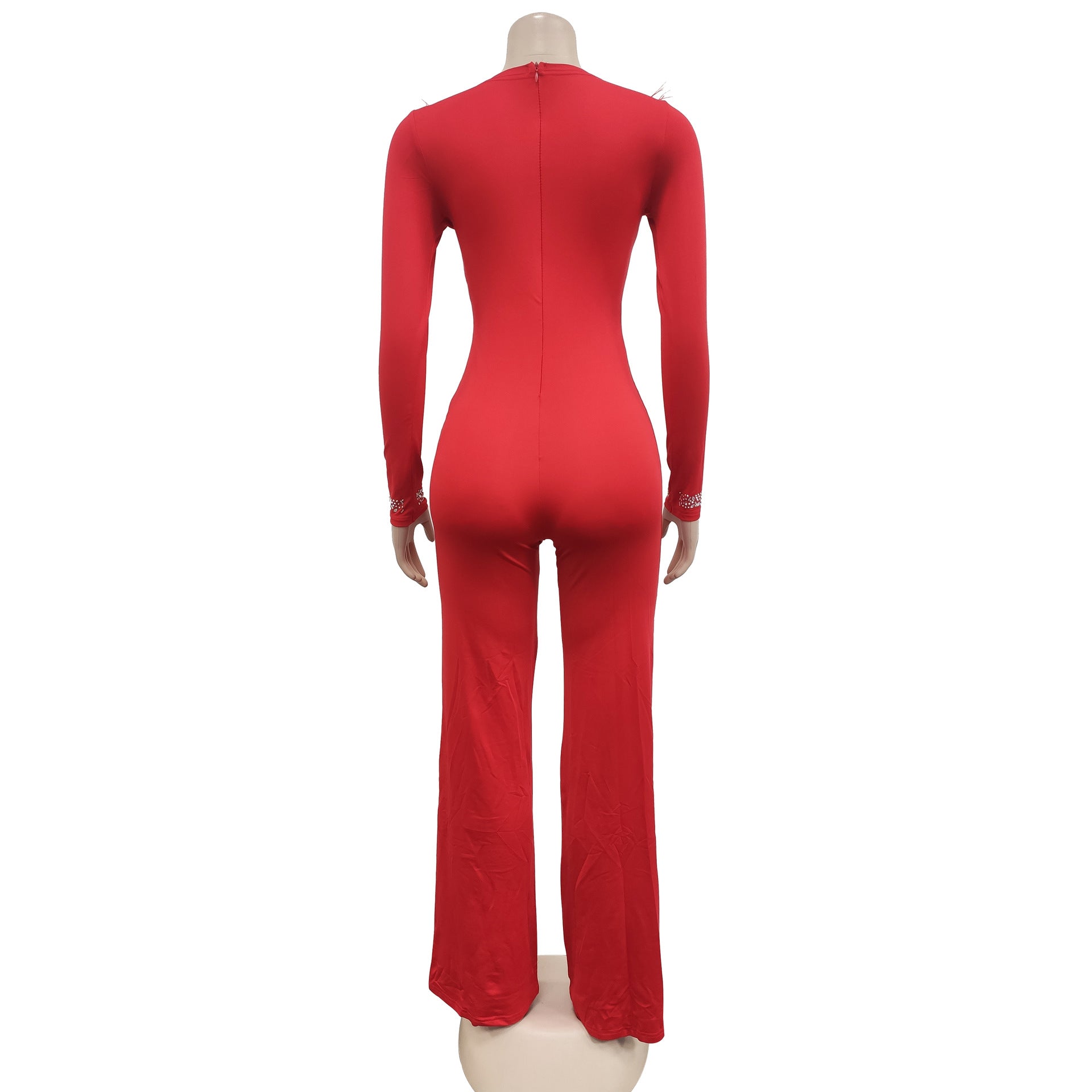 Women'S Fashion Feather Patchwork Beaded V-Neck Long Sleeve One Peice Trousers Sexy Ladies Jumpsuit 20