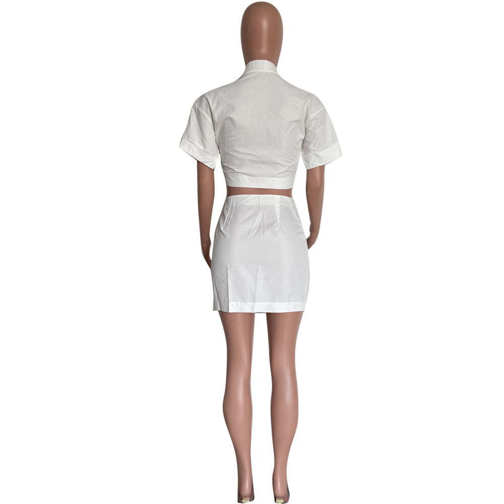 Women's fashion sexy solid color button Crop Shirt split skirt two-piece set 24