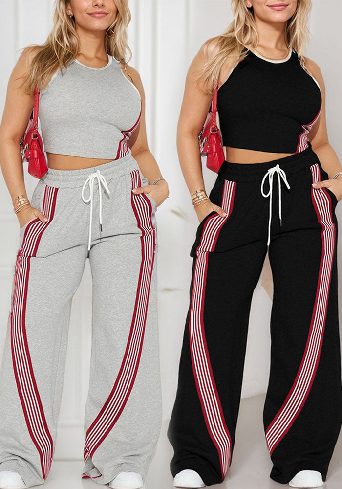 Women's Fashion Casual Slim Ribbon Patchwork Vest Casual Wide Leg Pants Two Piece Set Sports Women's Wear