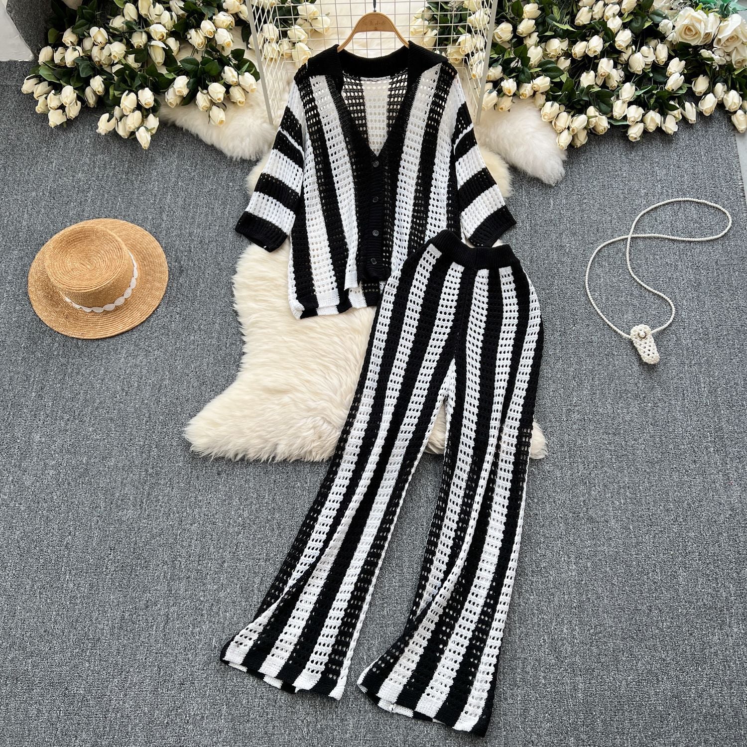 Women's Summer V-Neck Loose Knit Cardigan Top + Wide-Leg Pants Set Color-Block Striped Hollow-Out Outfit 3