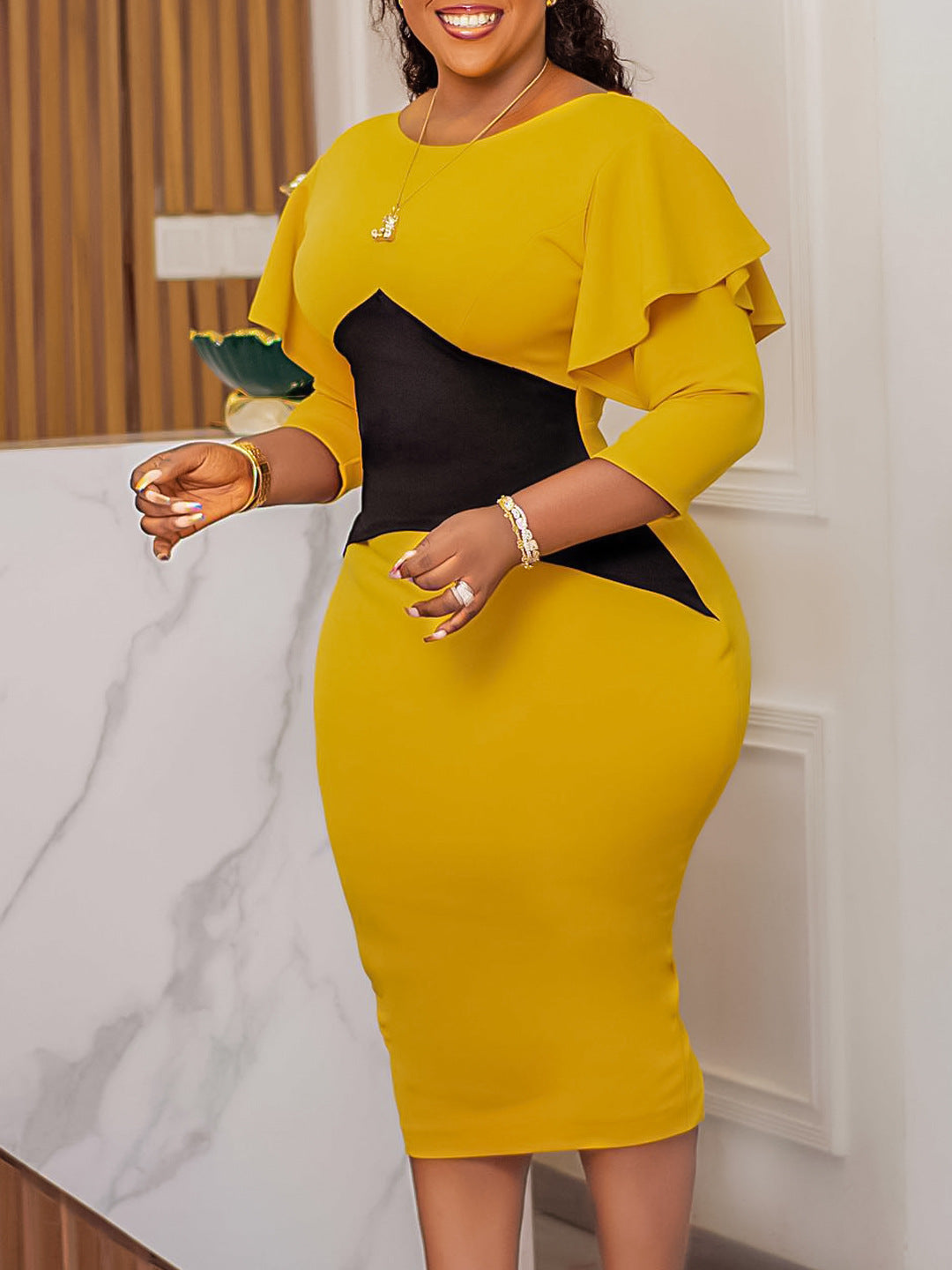 Plus Size African Ladies Color Block Long Sleeve Dress 9