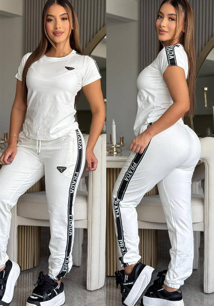 Women's Summer/Autumn Short-Sleeve Fashion Casual Slim-Fit T-shirt Pants Two-Piece Set