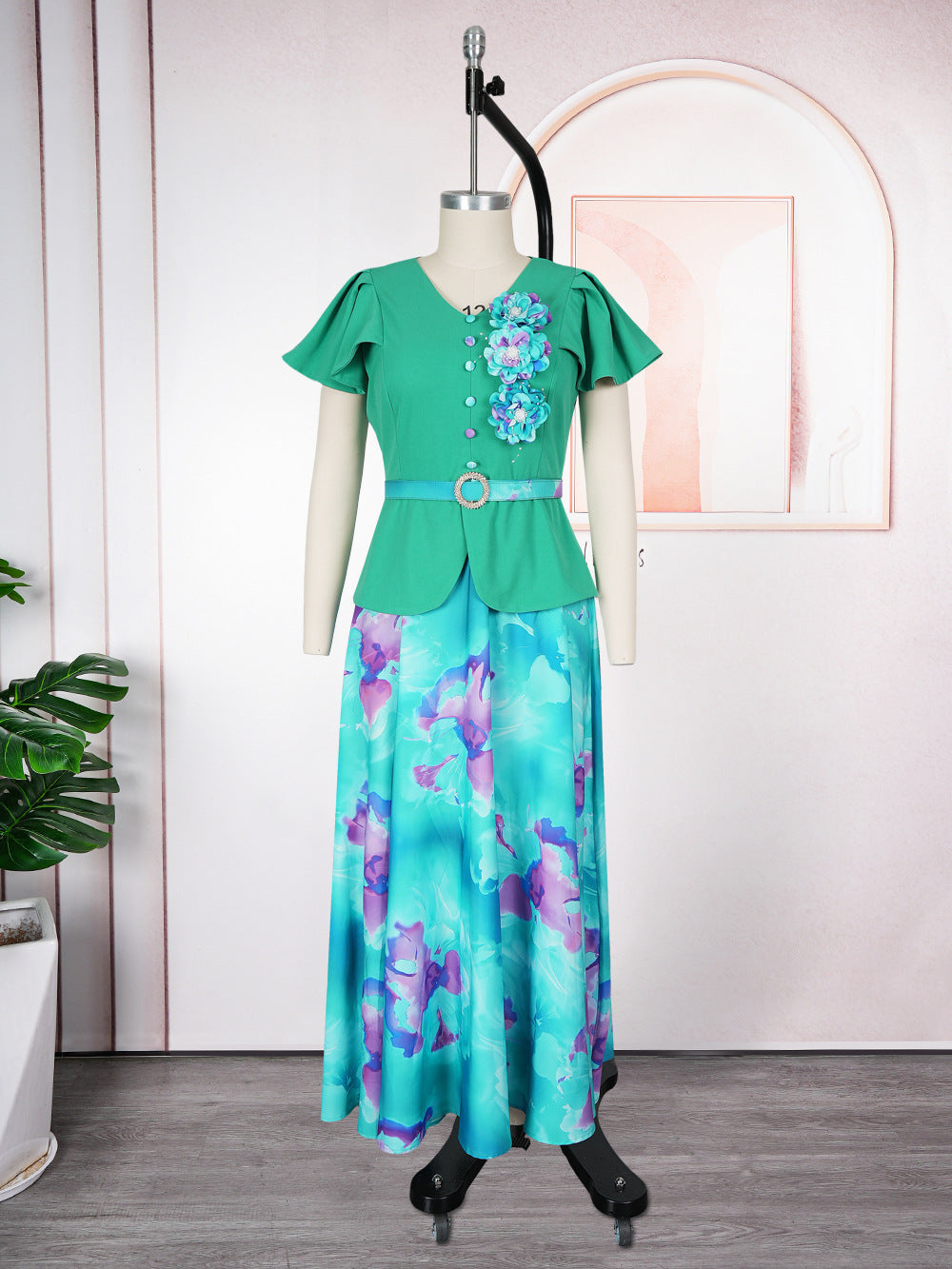 Print Button A-Line Plus Size Dress 9