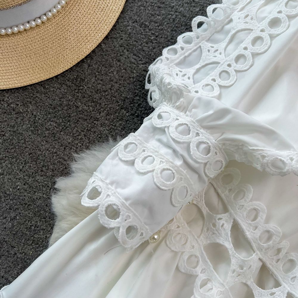 Spring Autumn Retro Chic Lantern Long Sleeve Lace Hollow Patchwork Round Neck Slim Waist Casual Dress 14