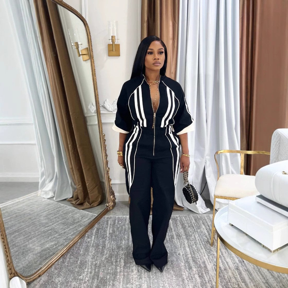 Women's Clothing Stand Collar 7-Quarter Sleeves Slim Waist Zipper Long Jumpsuit 5