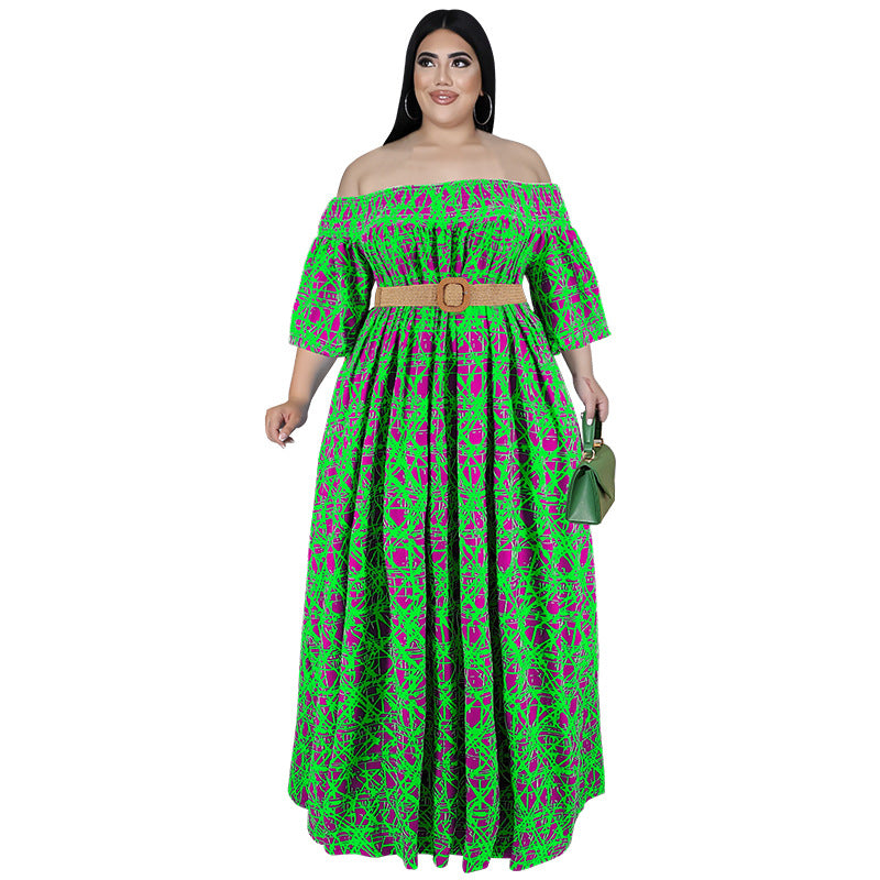 Plus Size Women Fall Off Shoulder Long Sleeve Dress with Belt 10