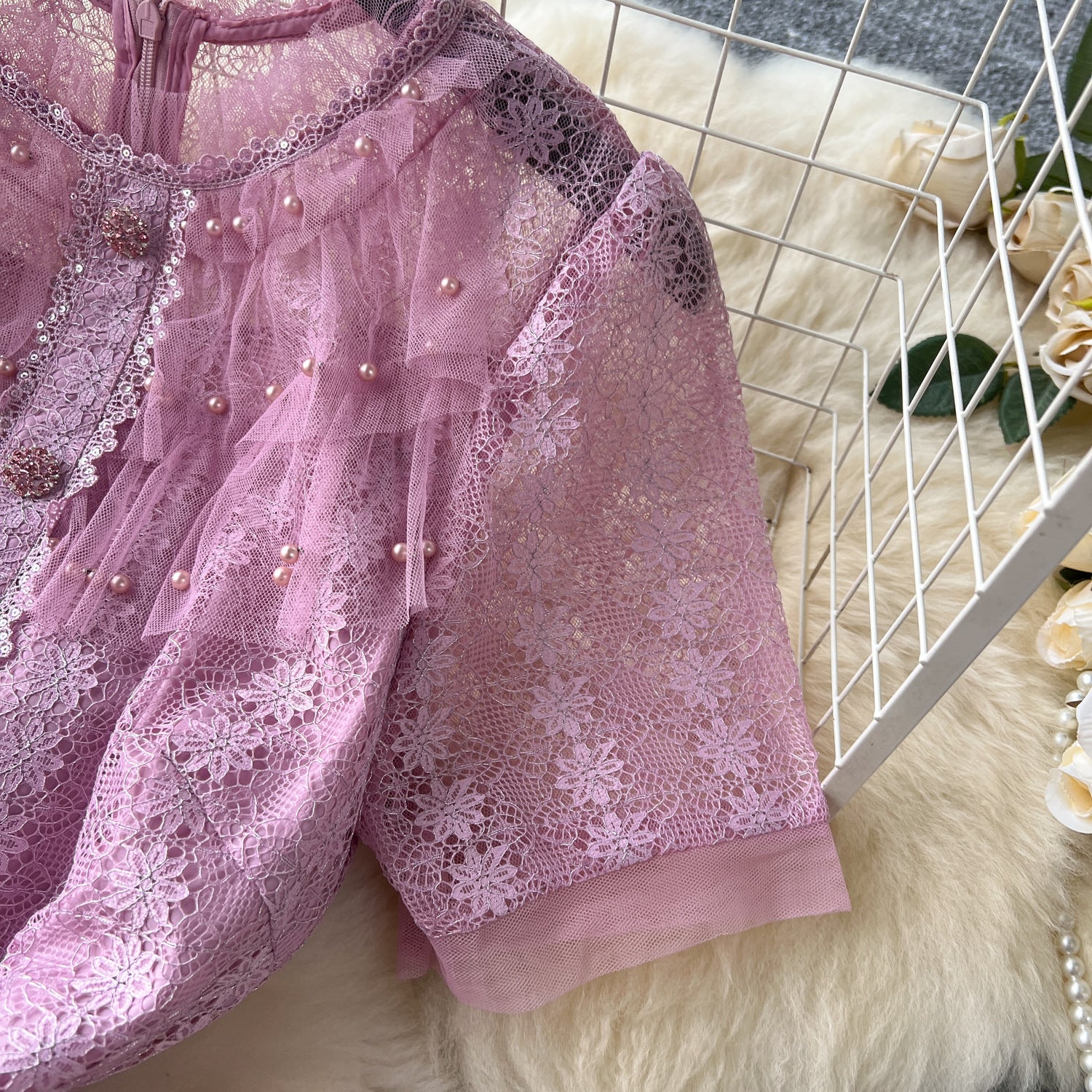 Women French Beaded Embroidered Short Sleeve Puffy Mesh Dress 14