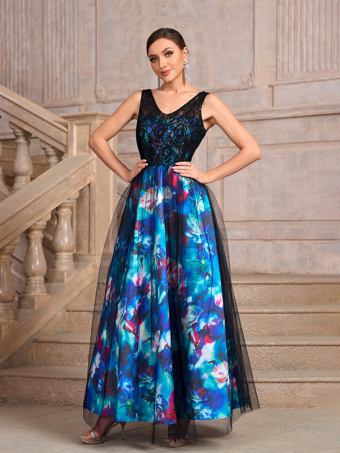 Women blue sleeveless v-neck printed black mesh patchwork flower print dress 6